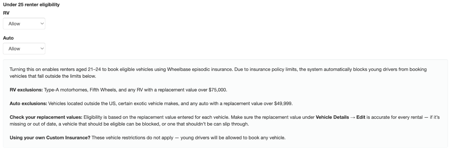 Account Settings → Reservation Preferences → Under 25 renter eligibility, with separate RV and Auto settings.